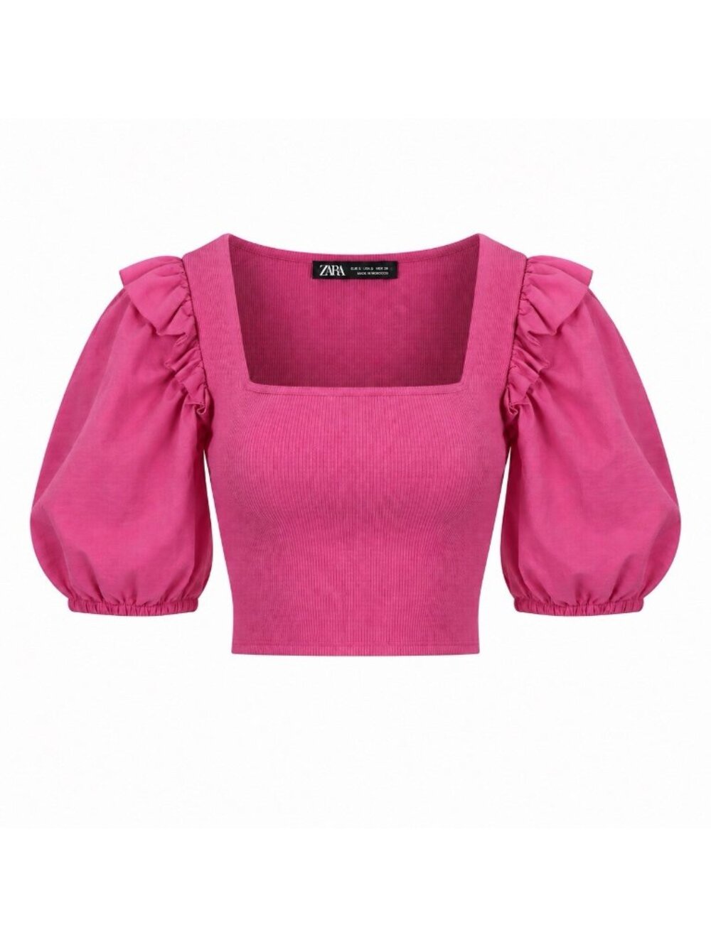 ZARA Cropped Top Size Medium Hot Pink Ruffle Puff Sleeve Square Neck Rib Knit